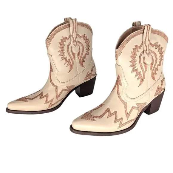 Hochfart Cream Western Ankle Boots Embroidered Leather Size 10 New - Picture 4 of 8